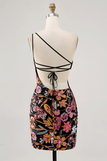 Black Flower Bodycon One Shoulder Homecoming Dress with Embroidery